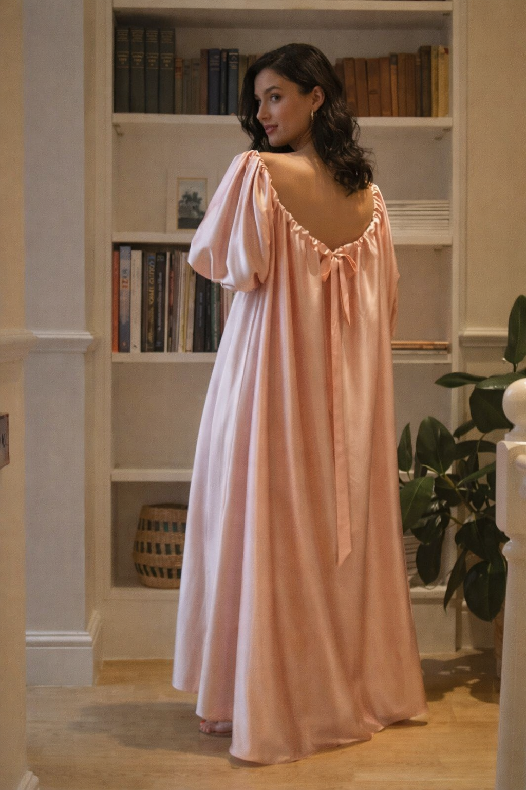Blush Pink Silk Satin Nightgown Dress — Backless Bow Robe, Luxury Bridal Nightwear, Elegant Long Sleeve Lounge Dress for Women