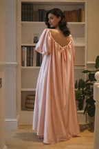Blush Pink Silk Satin Nightgown Dress — Backless Bow Robe, Luxury Bridal Nightwear, Elegant Long Sleeve Lounge Dress for Women