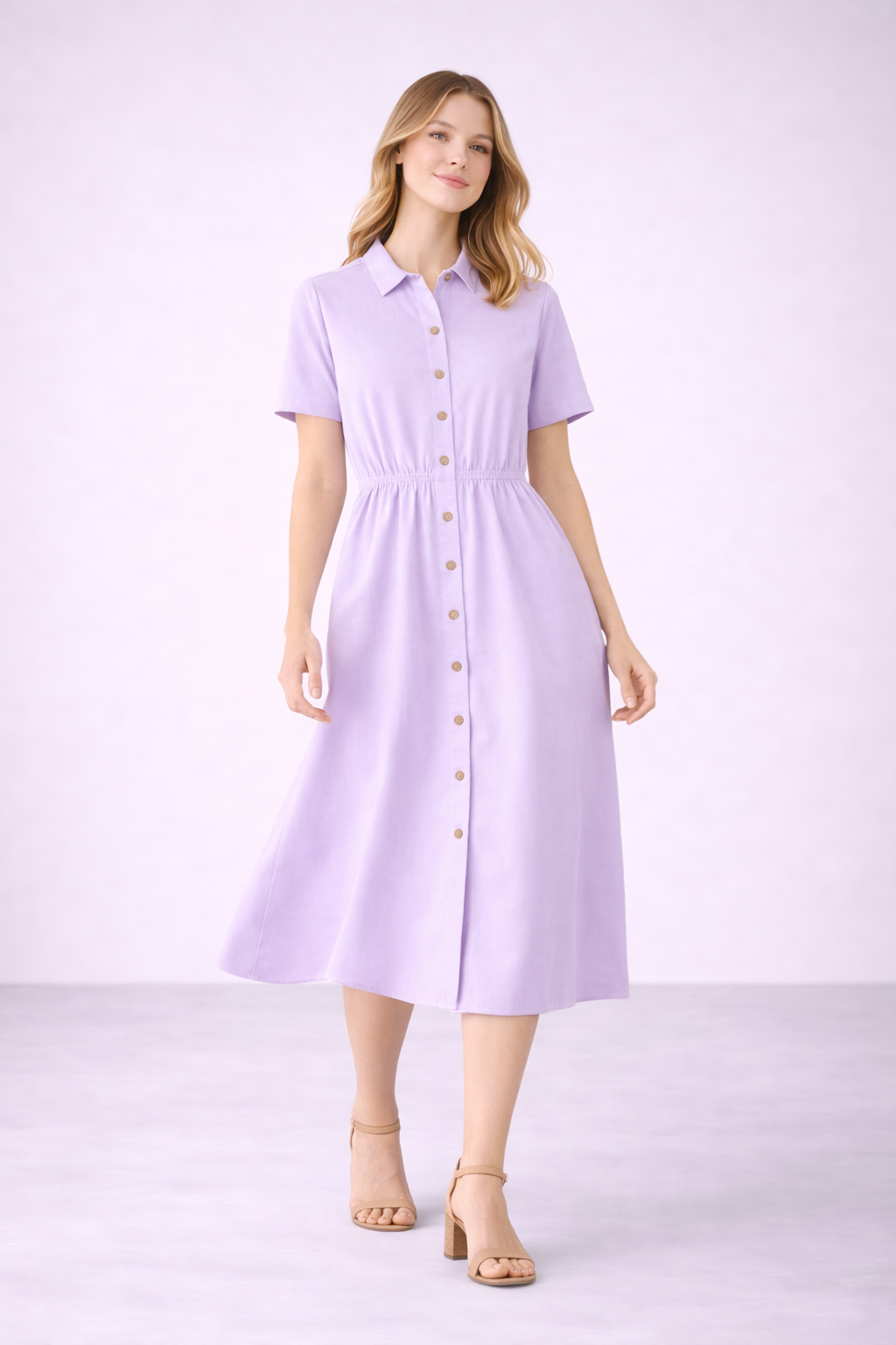 Lavender Midi Shirt Dress for Women | Short Sleeve Button-Front Elegant Casual Dress