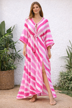 Pink Tie Dye Kaftan Dress for Women Long Maxi Beach Cover Up Relaxed Fit Summer Resort Wear