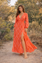 Orange Open Back Maxi Dress for Women Deep V Neck Long Sleeve Summer Vacation Dress with Slit