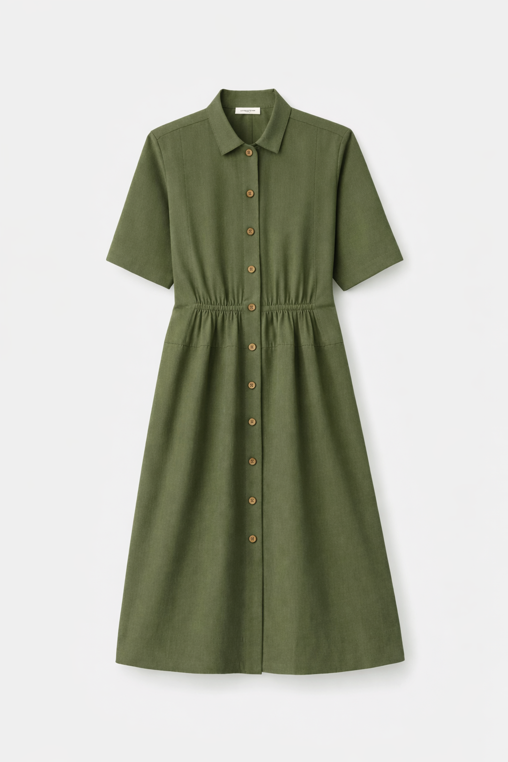 Women’s Olive Green Button-Down Midi Dress with Collar | Short Sleeve Casual & Workwear Dress