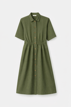 Women’s Olive Green Button-Down Midi Dress with Collar | Short Sleeve Casual & Workwear Dress
