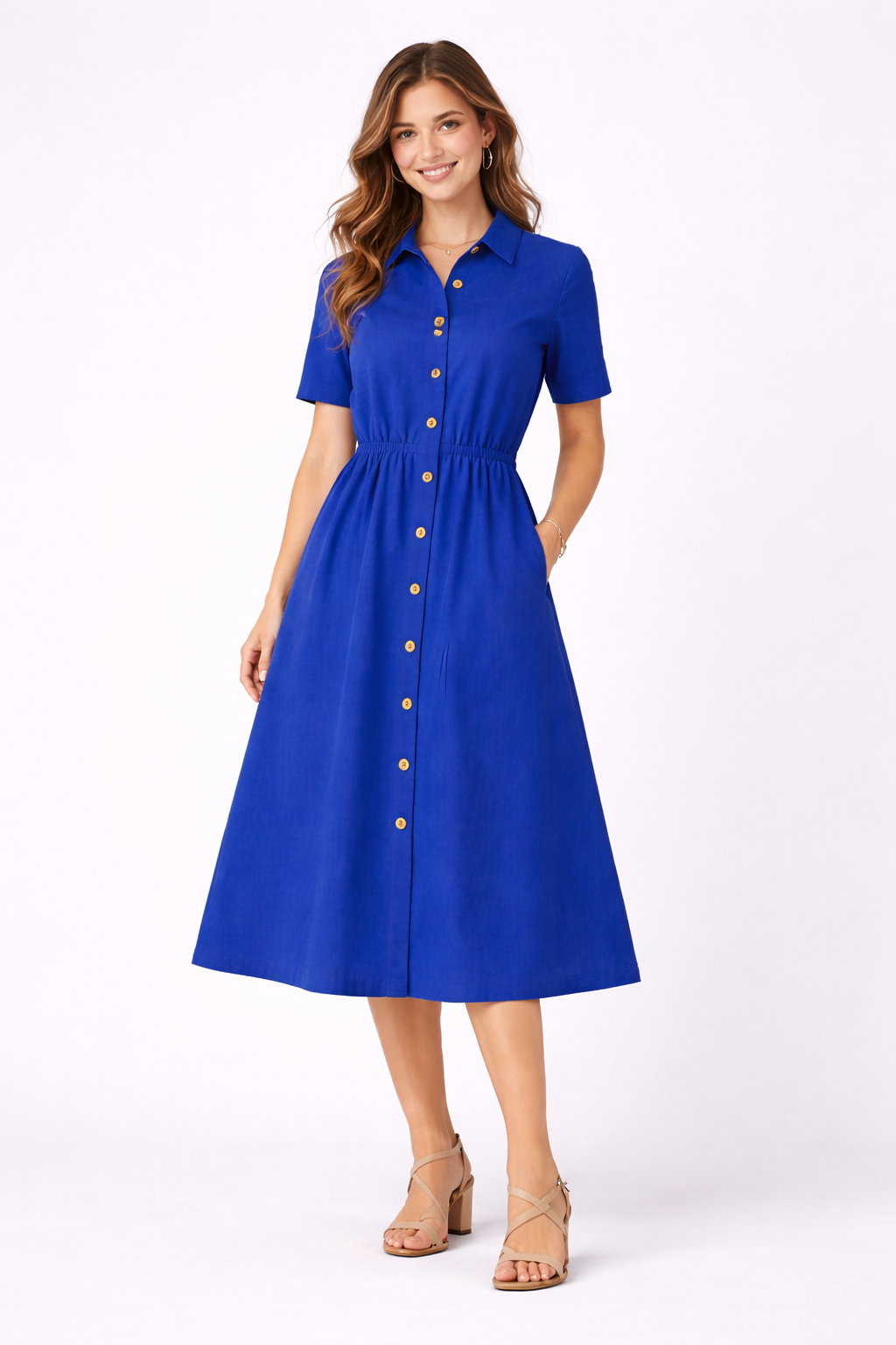 Royal Blue Midi Shirt Dress for Women | Short Sleeve Button-Front Elegant Everyday Dress