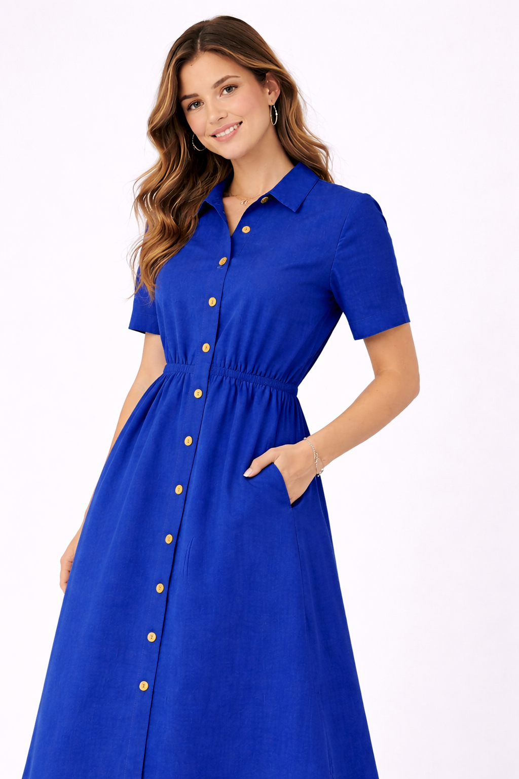 Royal Blue Midi Shirt Dress for Women | Short Sleeve Button-Front Elegant Everyday Dress