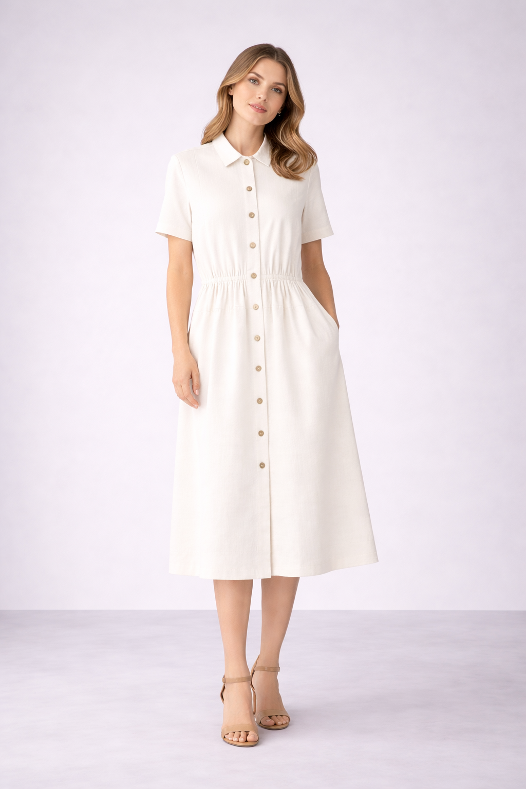Ivory Button-Down Midi Dress for Women | Short Sleeve Collared Elegant Shirt Dress