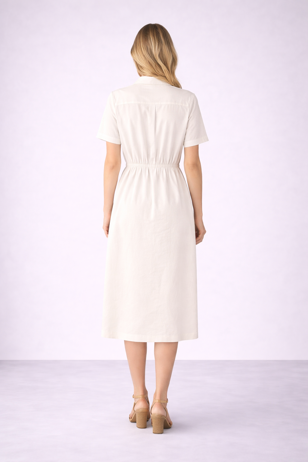 Ivory Button-Down Midi Dress for Women | Short Sleeve Collared Elegant Shirt Dress