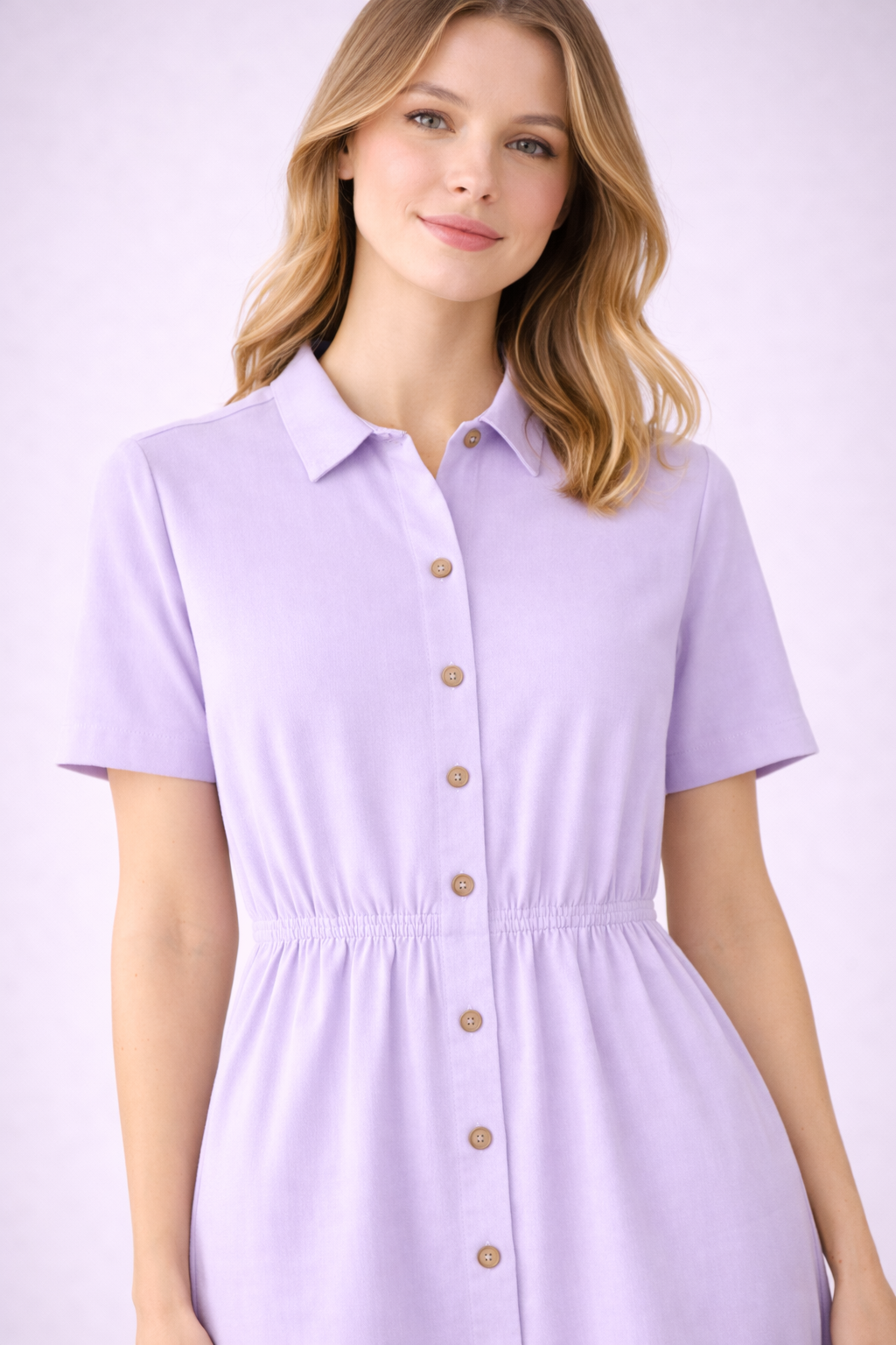 Lavender Midi Shirt Dress for Women | Short Sleeve Button-Front Elegant Casual Dress