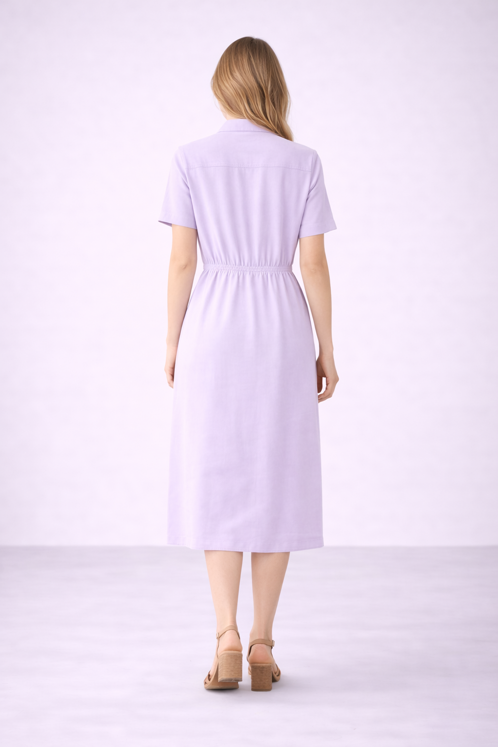 Lavender Midi Shirt Dress for Women | Short Sleeve Button-Front Elegant Casual Dress