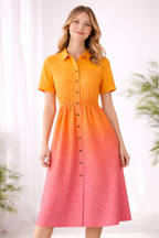 Sunset Ombré Midi Shirt Dress for Women | Button-Down Short Sleeve Gradient Dress