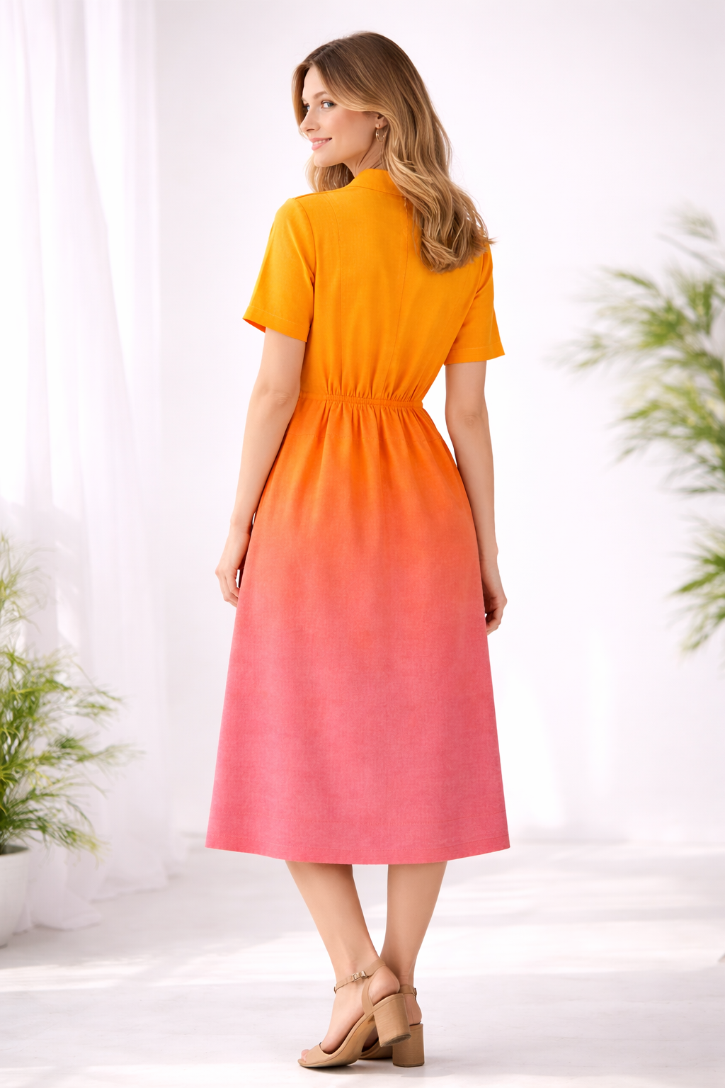 Sunset Ombré Midi Shirt Dress for Women | Button-Down Short Sleeve Gradient Dress