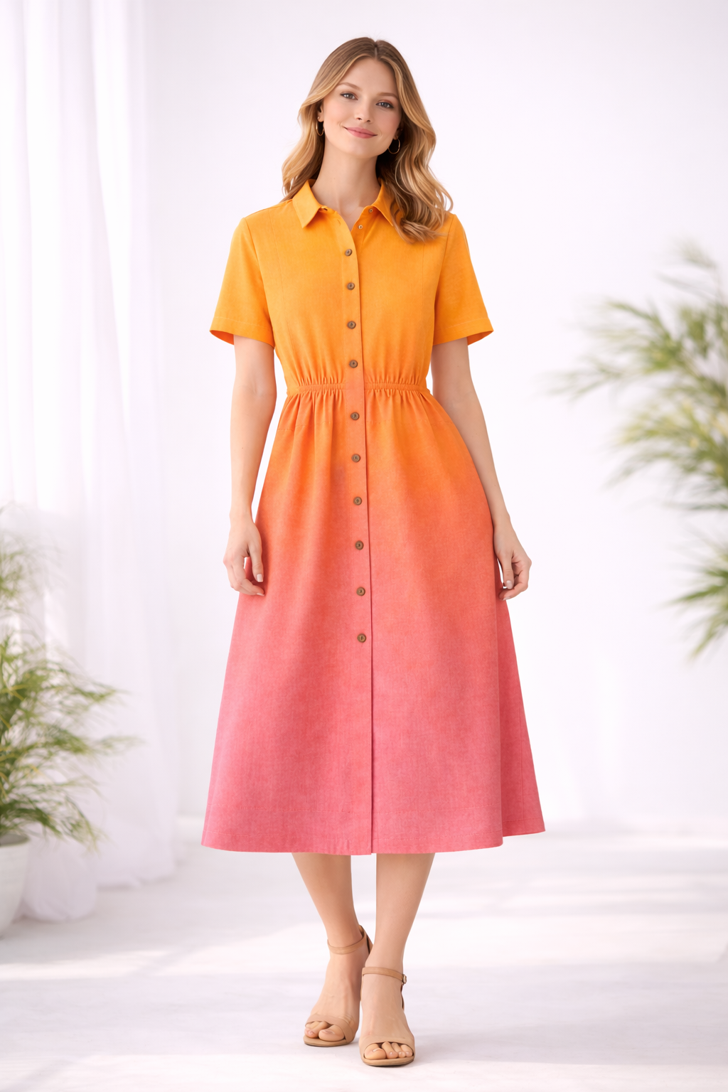 Sunset Ombré Midi Shirt Dress for Women | Button-Down Short Sleeve Gradient Dress