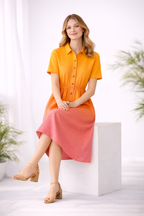Sunset Ombré Midi Shirt Dress for Women | Button-Down Short Sleeve Gradient Dress