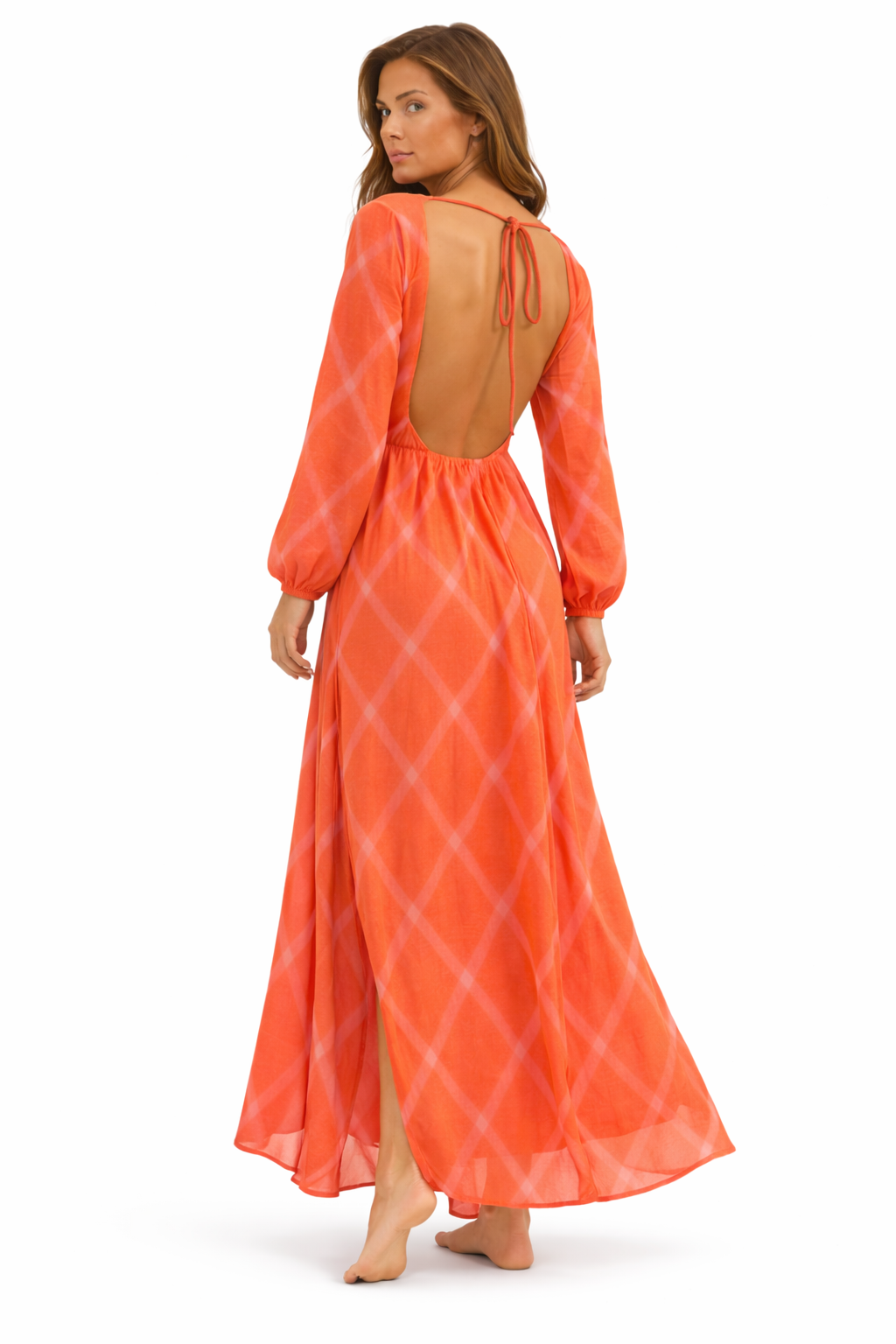 Orange Open Back Maxi Dress for Women Deep V Neck Long Sleeve Summer Vacation Dress with Slit