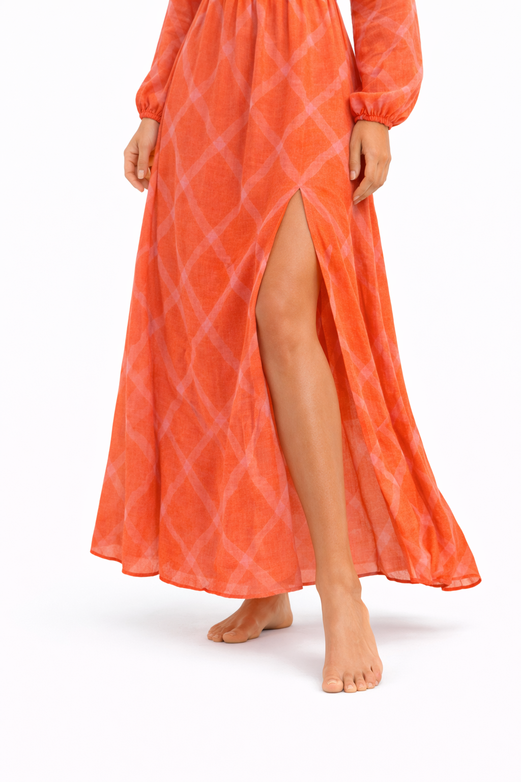 Orange Open Back Maxi Dress for Women Deep V Neck Long Sleeve Summer Vacation Dress with Slit