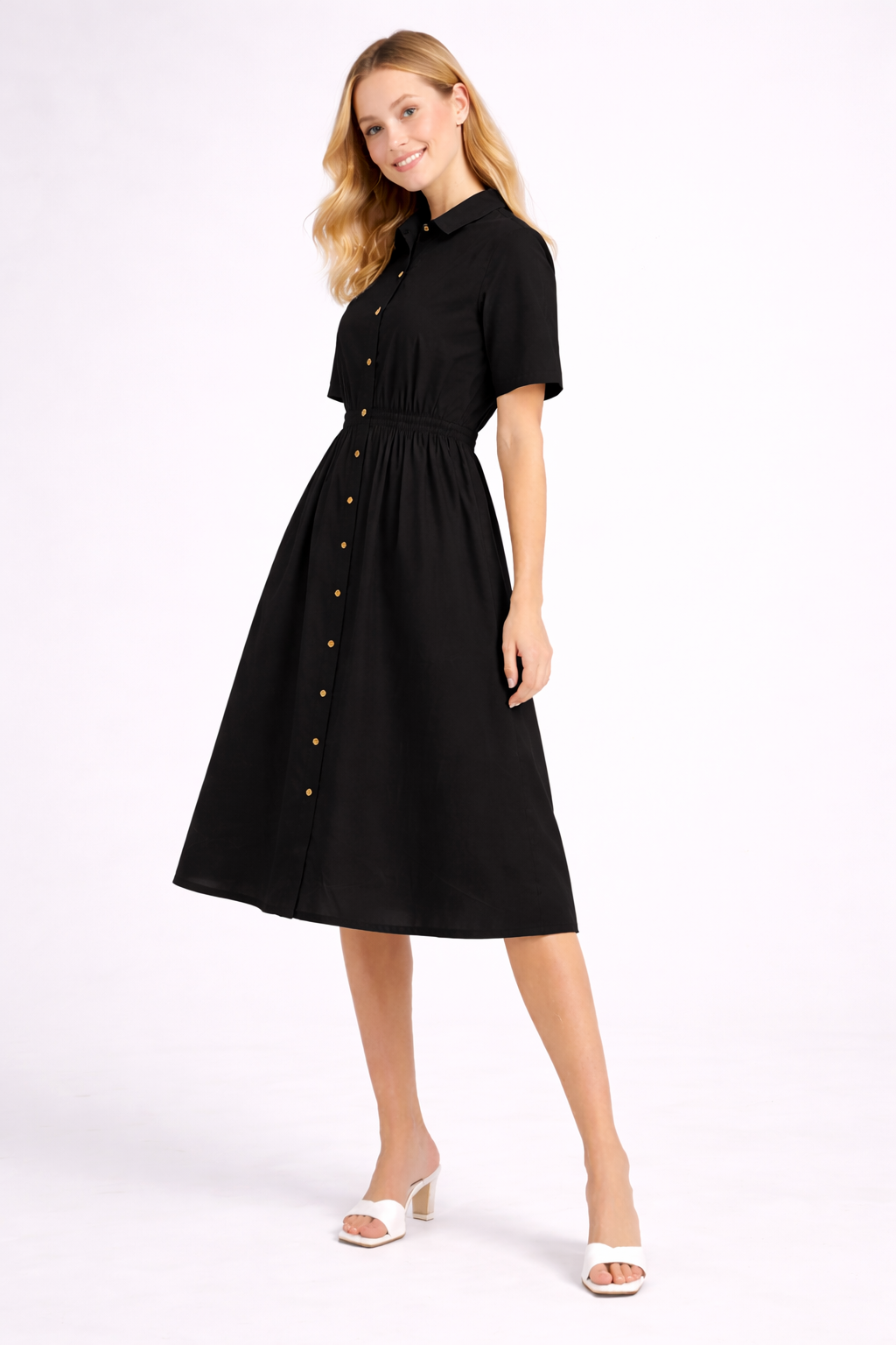 Black Button Down Midi Dress for Women | Shirt Collar Casual Midi Dress | Elegant Daily Wear Dress