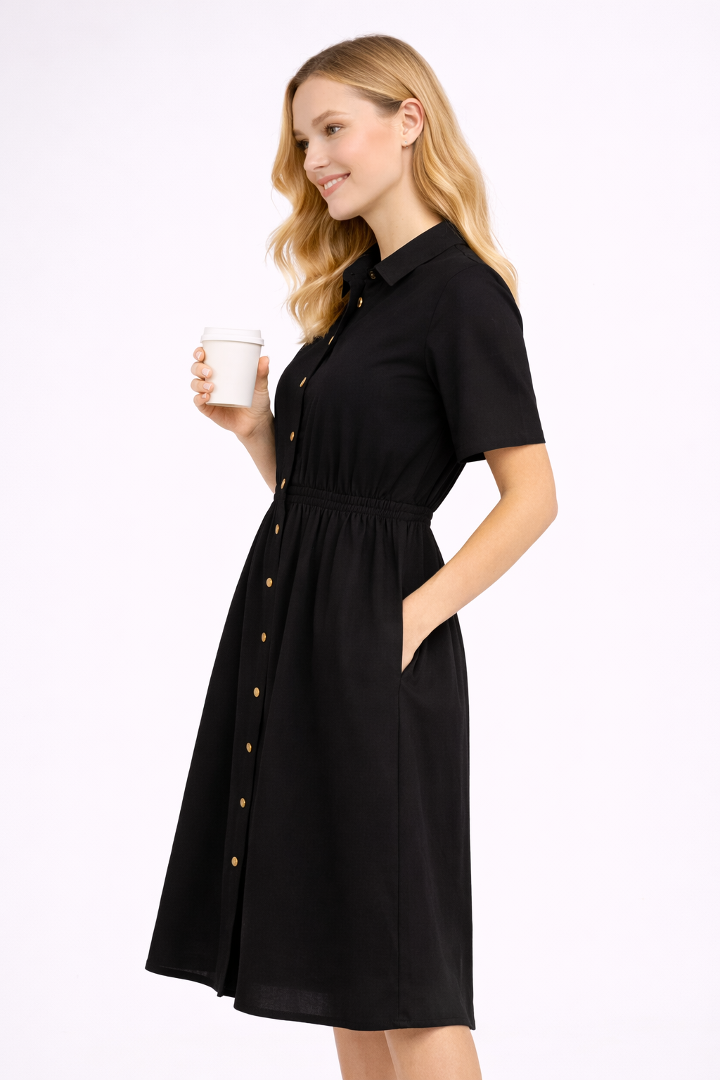 Black Button Down Midi Dress for Women | Shirt Collar Casual Midi Dress | Elegant Daily Wear Dress
