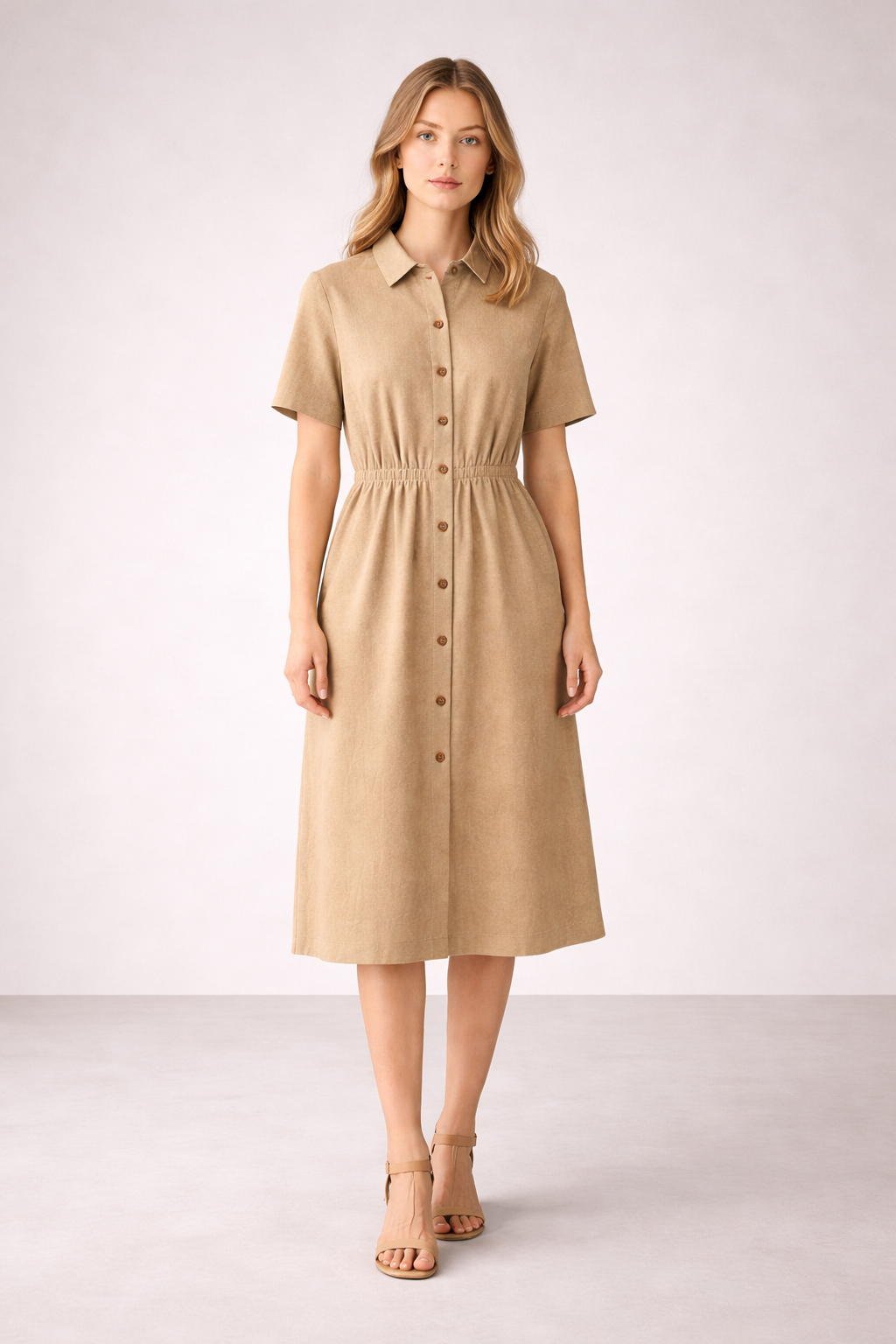 Women’s Beige Button-Down Midi Dress with Collar | Short Sleeve Casual & Office Wear Dress