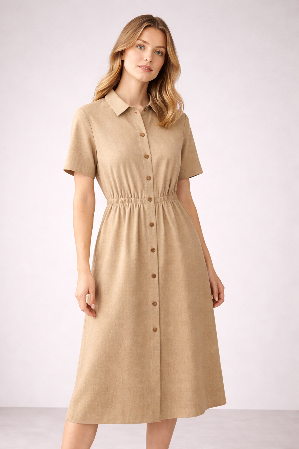 Women’s Beige Button-Down Midi Dress with Collar | Short Sleeve Casual & Office Wear Dress
