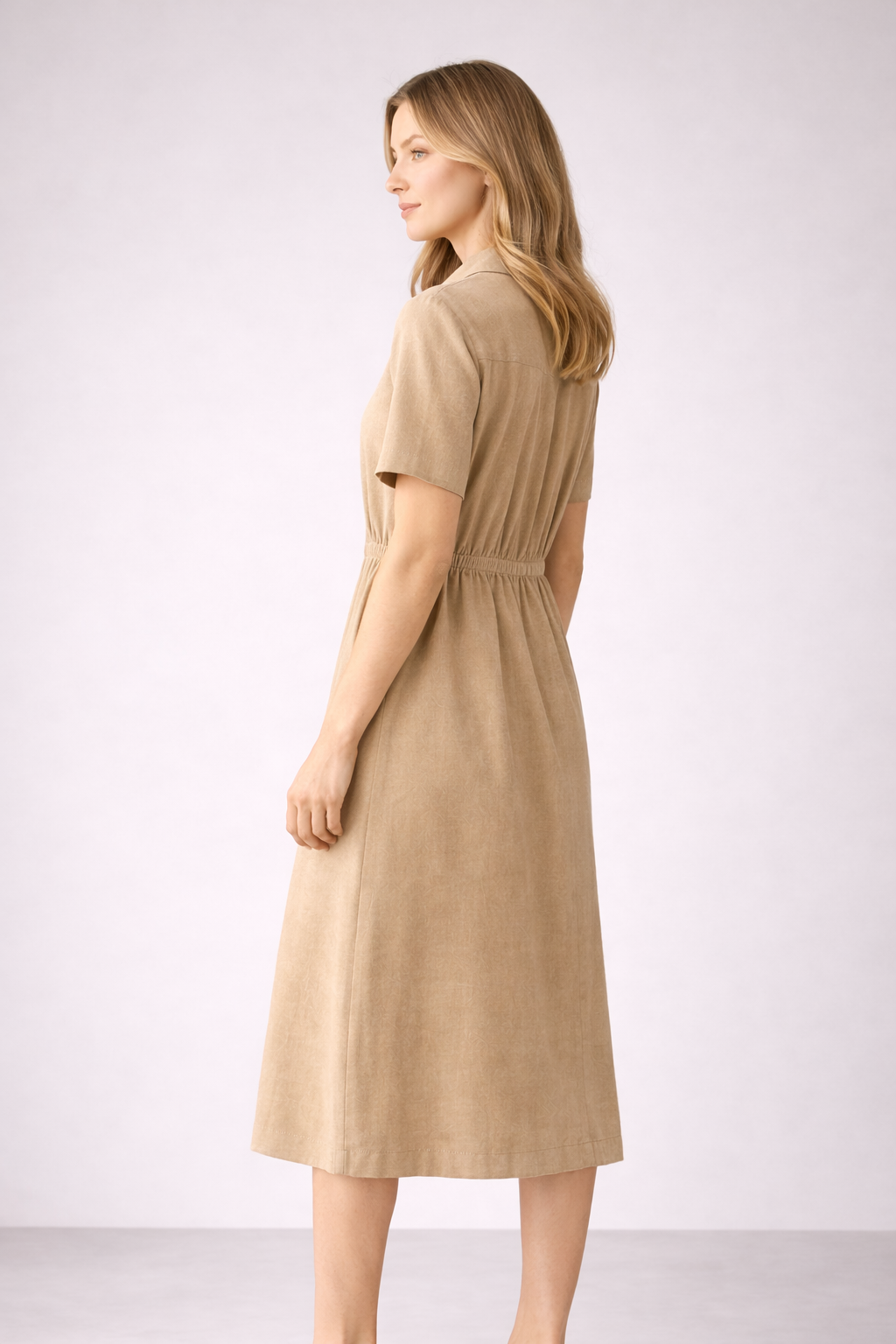 Women’s Beige Button-Down Midi Dress with Collar | Short Sleeve Casual & Office Wear Dress