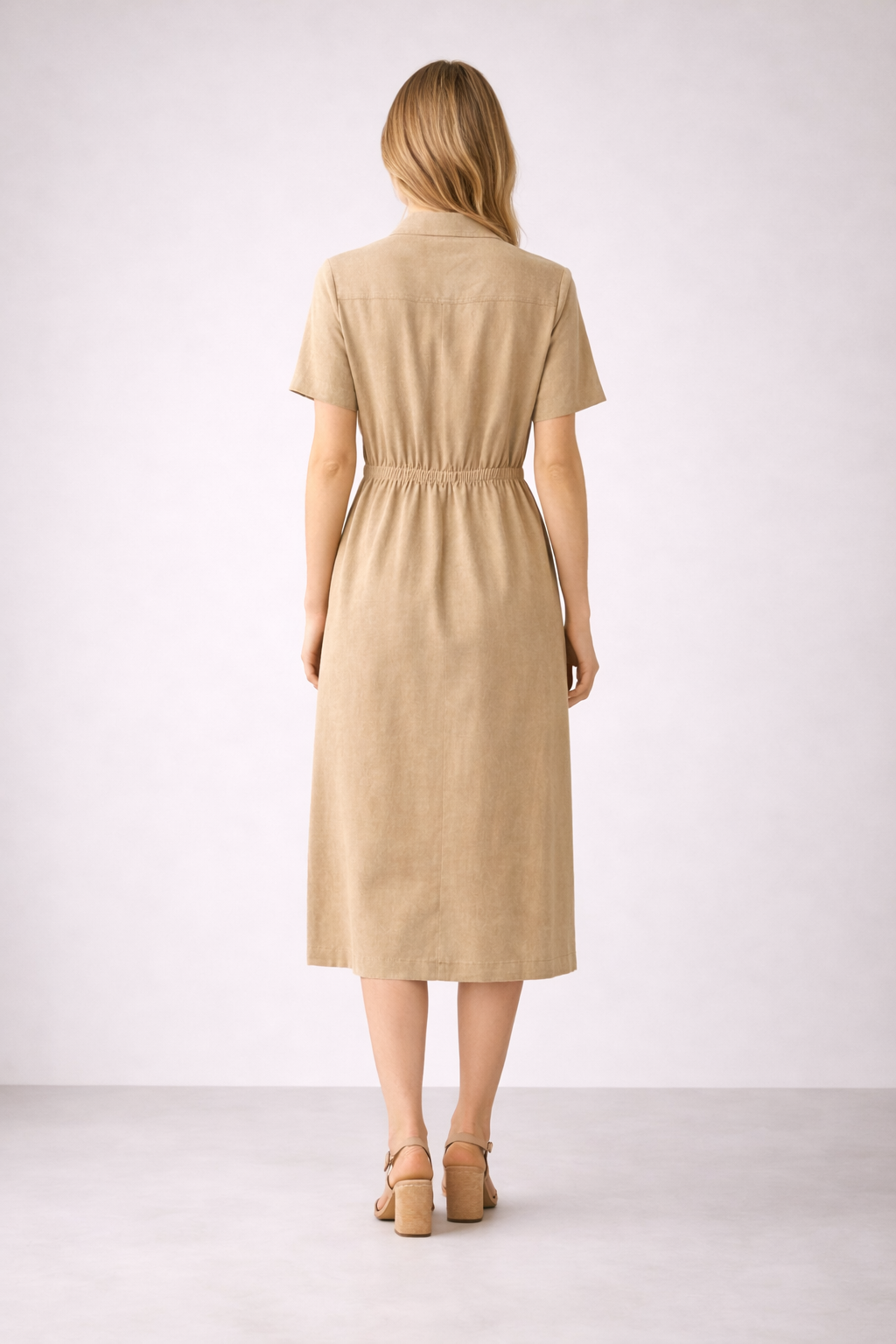 Women’s Beige Button-Down Midi Dress with Collar | Short Sleeve Casual & Office Wear Dress