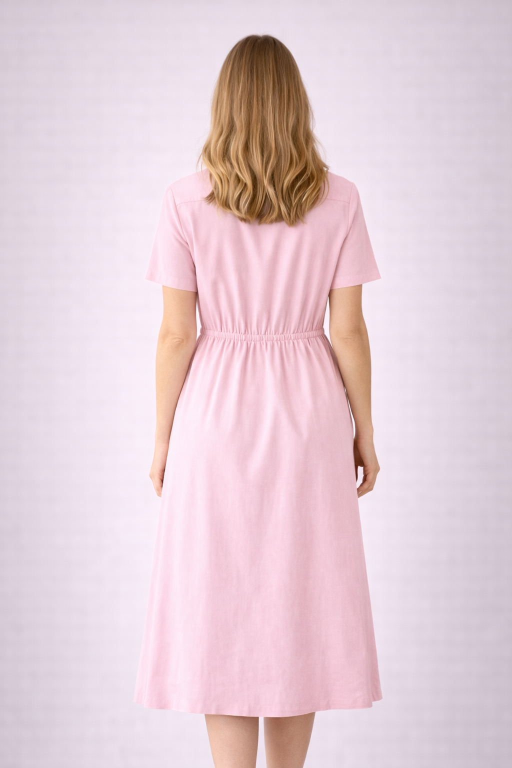 Women’s Blush Pink Button-Down Midi Dress with Collar | Short Sleeve Elegant Casual Dress