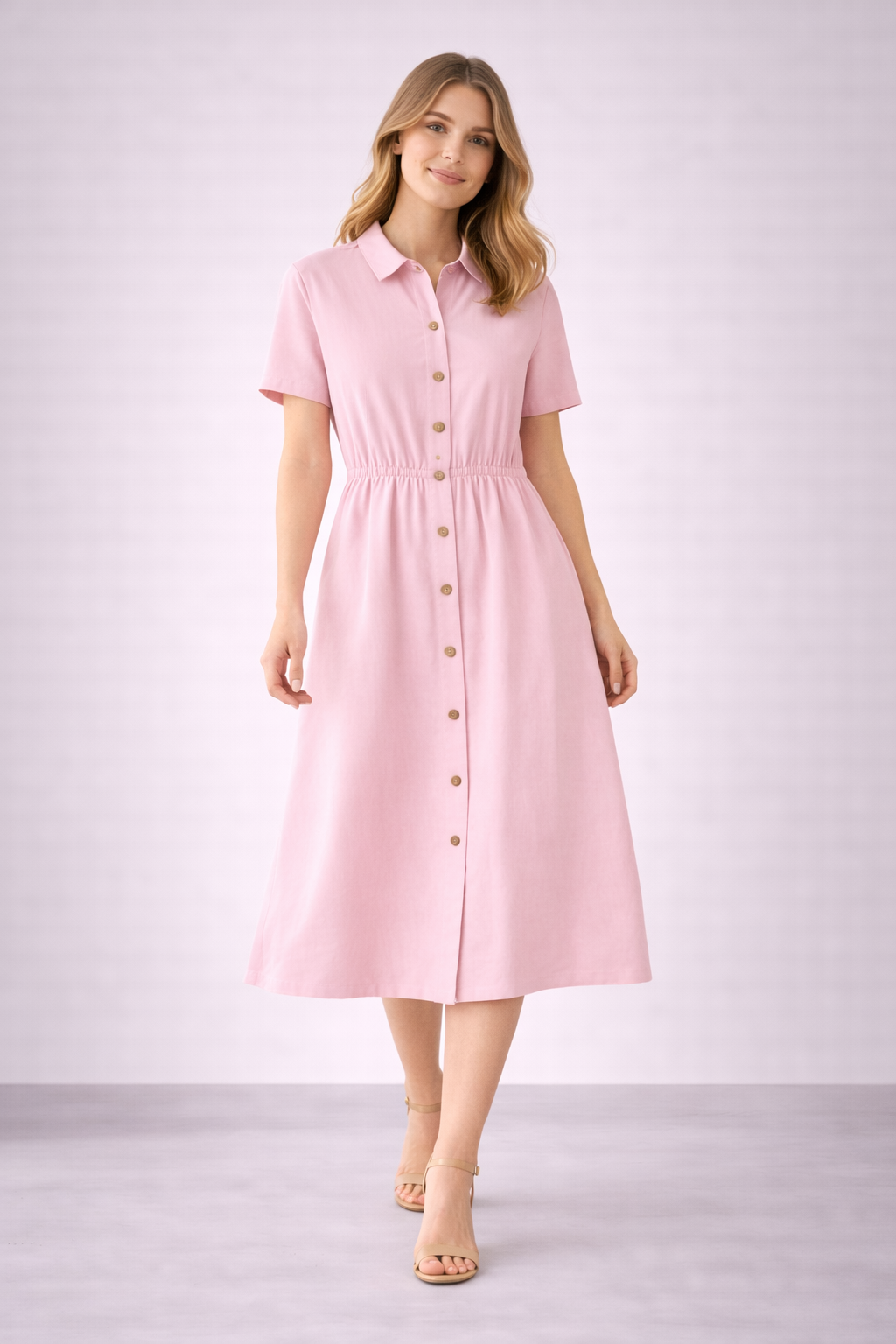 Women’s Blush Pink Button-Down Midi Dress with Collar | Short Sleeve Elegant Casual Dress