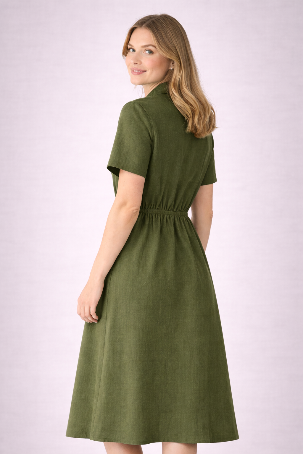 Women’s Olive Green Button-Down Midi Dress with Collar | Short Sleeve Casual & Workwear Dress