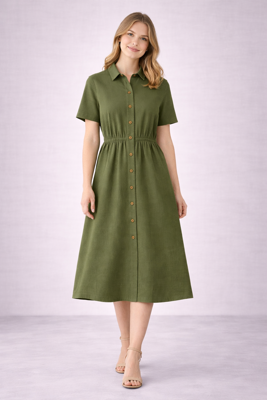 Women’s Olive Green Button-Down Midi Dress with Collar | Short Sleeve Casual & Workwear Dress