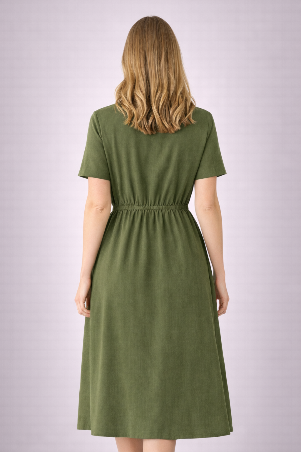 Women’s Olive Green Button-Down Midi Dress with Collar | Short Sleeve Casual & Workwear Dress