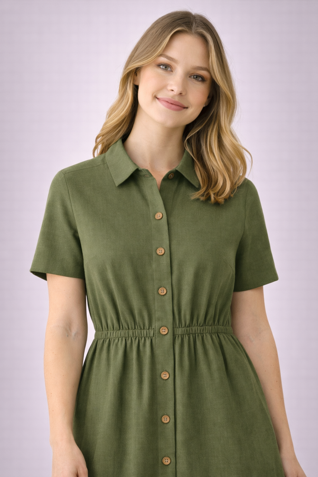 Women’s Olive Green Button-Down Midi Dress with Collar | Short Sleeve Casual & Workwear Dress