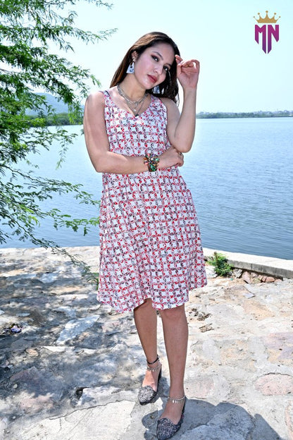 Women’s White & Red Printed Cotton Sleeveless A-Line Mini Dress | Casual Summer Dress