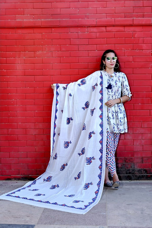 Cotton Dhoti Pant Kurta Set with Dupatta for Women | Blue & White Printed Ethnic Wear