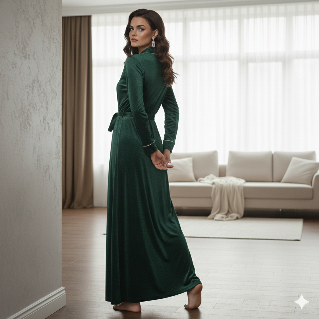 Dark Green Velvet Night Robe for Women | Luxury Long Wrap Robe | Custom Size Velvet Lounge Wear