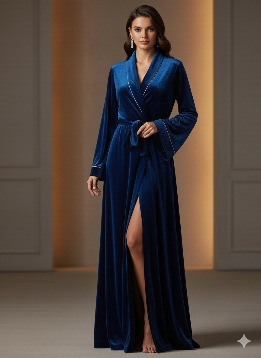 Royal Blue Velvet Night Robe for Women | Luxury Long Wrap Velvet Robe | Custom Size Premium Lounge Wear