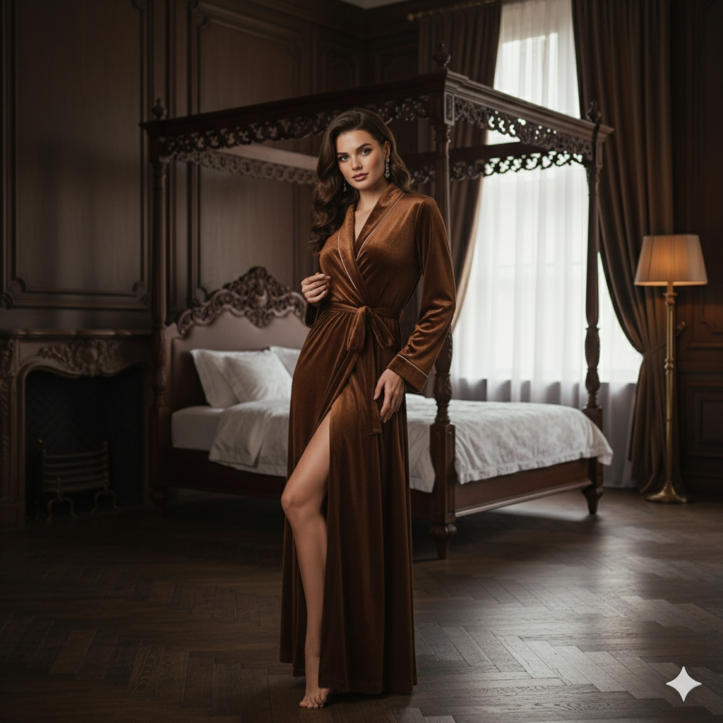 Brown Velvet Night Robe for Women | Luxury Long Wrap Velvet Robe | Custom Size Elegant Lounge Wear