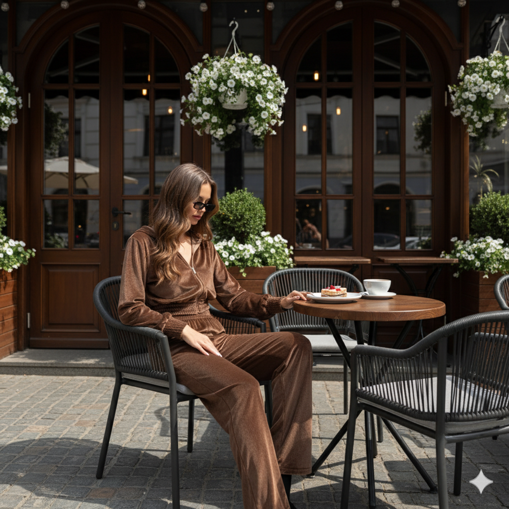 Chocolate Brown Velvet Co-Ord Set for Women – Zip Hoodie & Relaxed Fit Pants