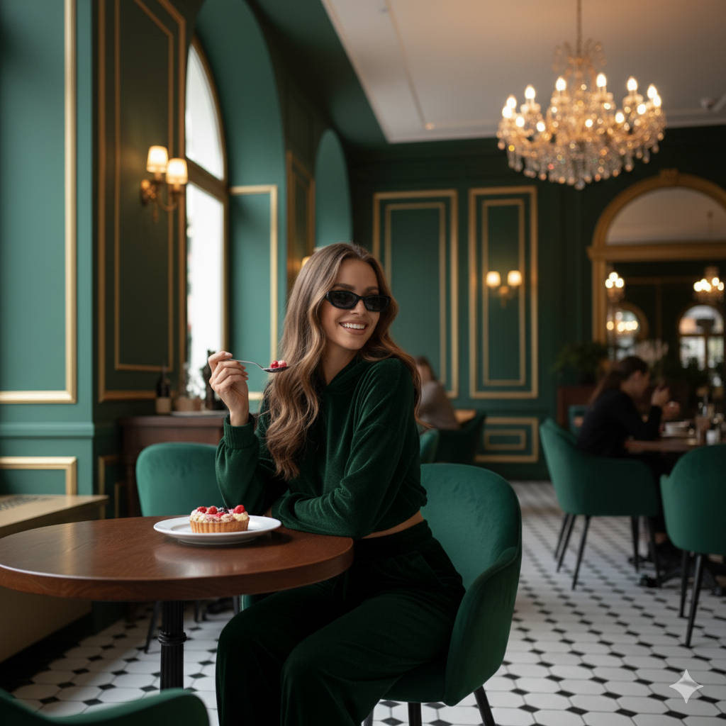 Emerald Green Velvet Co-Ord Set for Women – Zip Crop Hoodie & Relaxed Fit Pants