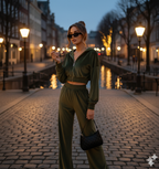 Olive Green Velvet Co-Ord Set for Women – Zip Crop Top & Wide-Leg Pants Set