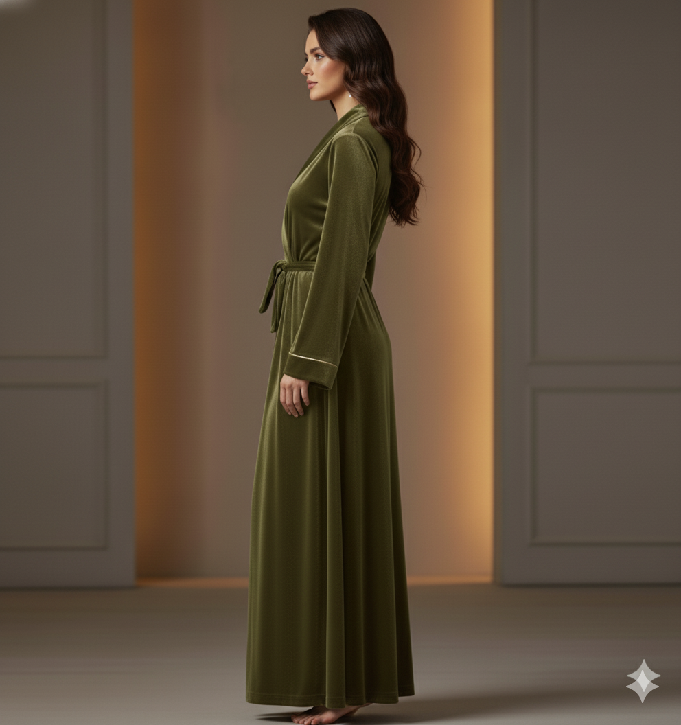 Olive Green Velvet Night Robe for Women | Luxury Long Wrap Robe | Custom Size Velvet Lounge Gown