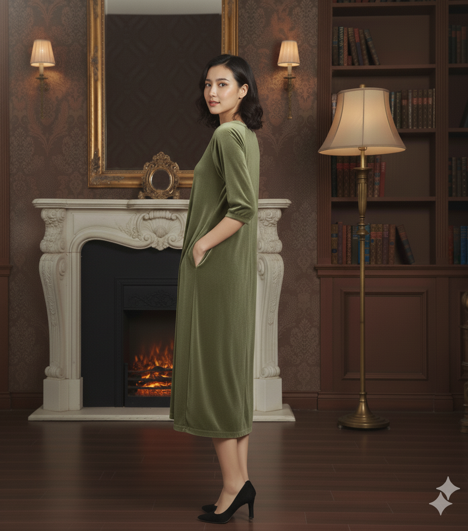 Olive Green Velvet Night Dress for Women | Soft Long Velvet Night Gown | Luxury Lounge & Sleep Wear
