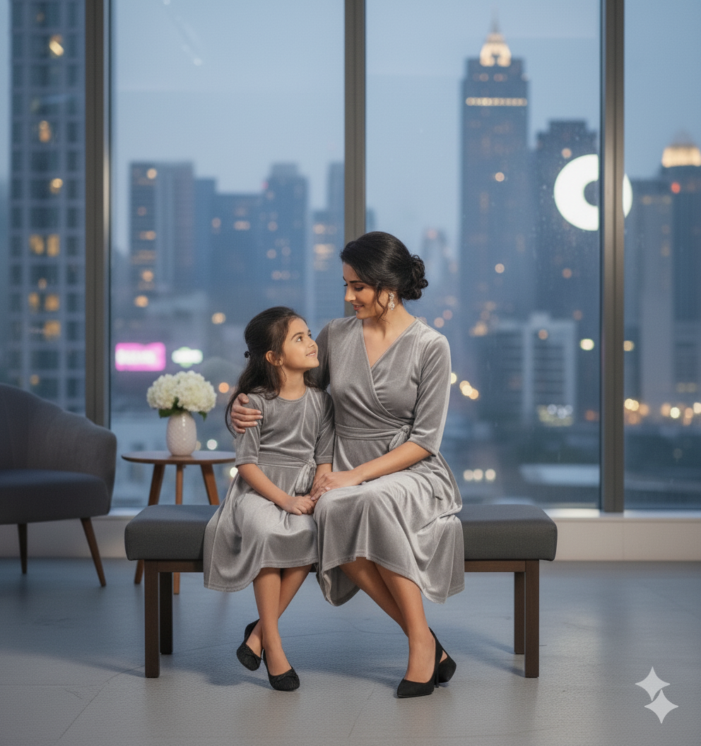 Custom Size Mom & Me Matching Silver Velvet Dress | Mother Daughter Coordinated Outfit | Personalized Fit Required