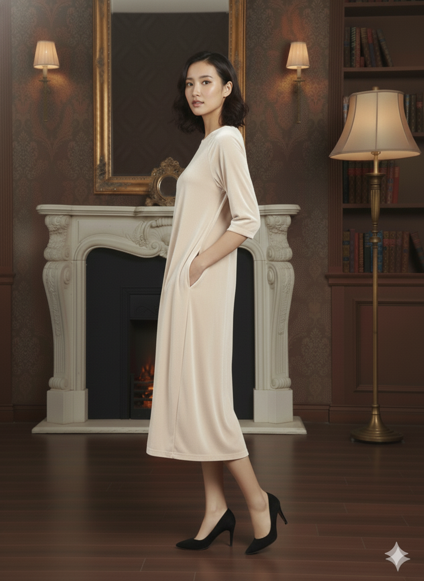 Beige Velvet Night Dress for Women | Soft Long Night Gown | Elegant Lounge & Sleep Wear
