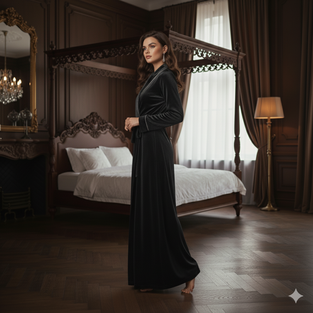 Black Velvet Night Robe for Women | Luxury Long Wrap Robe | Custom Size Elegant Lounge Wear