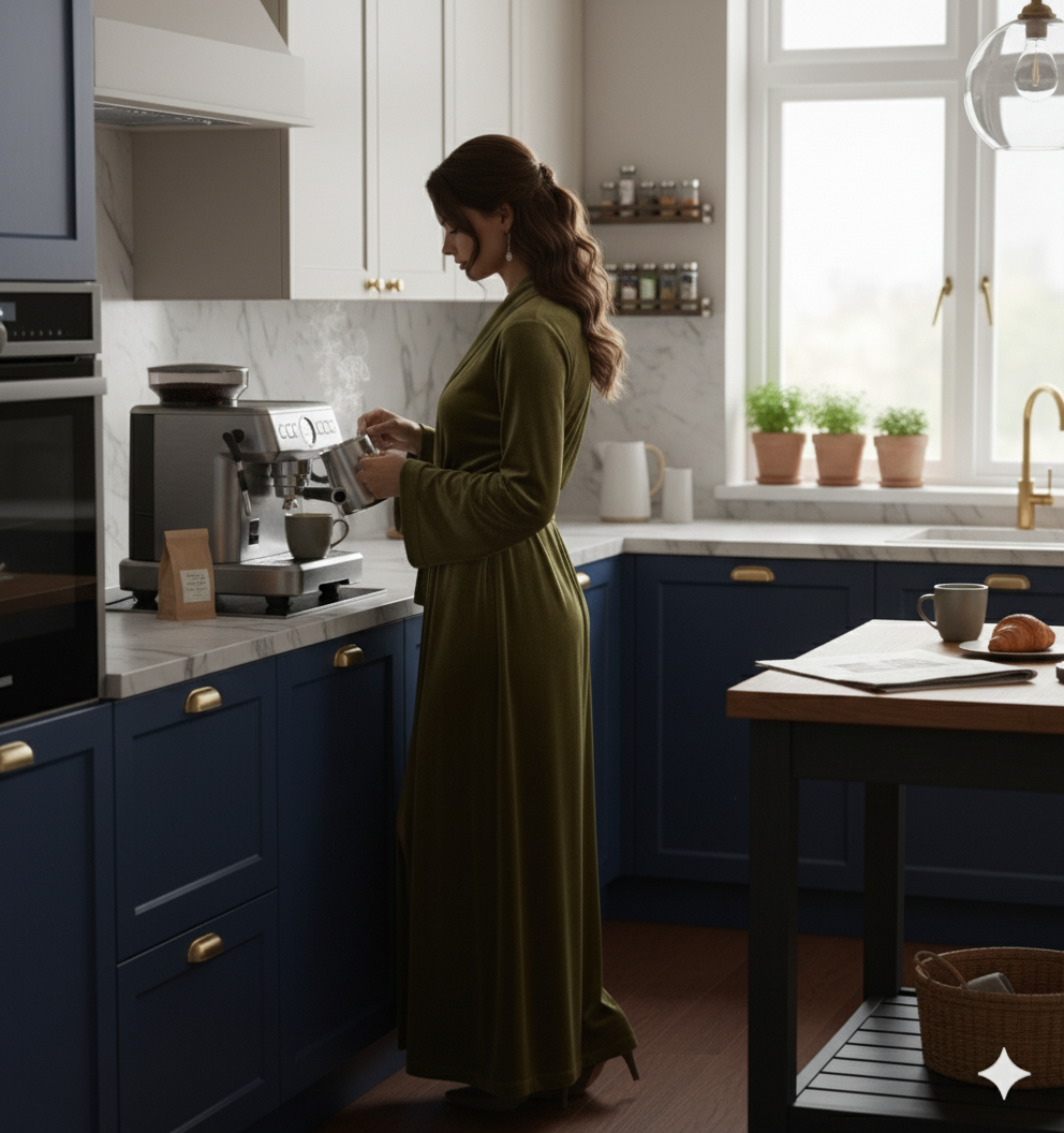 Olive Green Velvet Night Robe for Women | Luxury Long Wrap Robe | Custom Size Velvet Lounge Gown