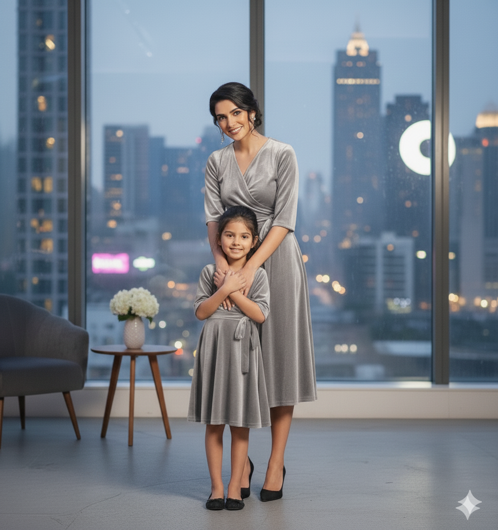 Custom Size Mom & Me Matching Silver Velvet Dress | Mother Daughter Coordinated Outfit | Personalized Fit Required