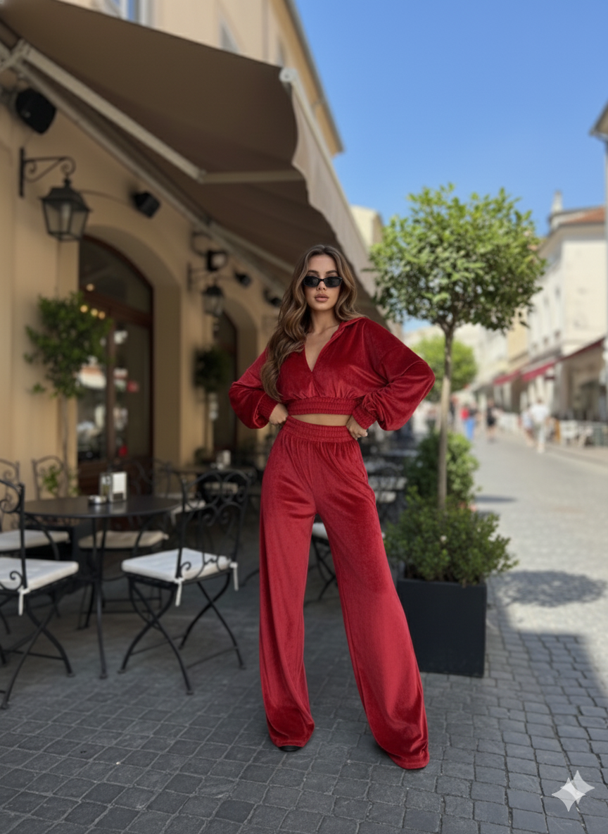 Rust Velvet Co-Ord Set for Women – Zip Hoodie Top with Straight Fit Pants