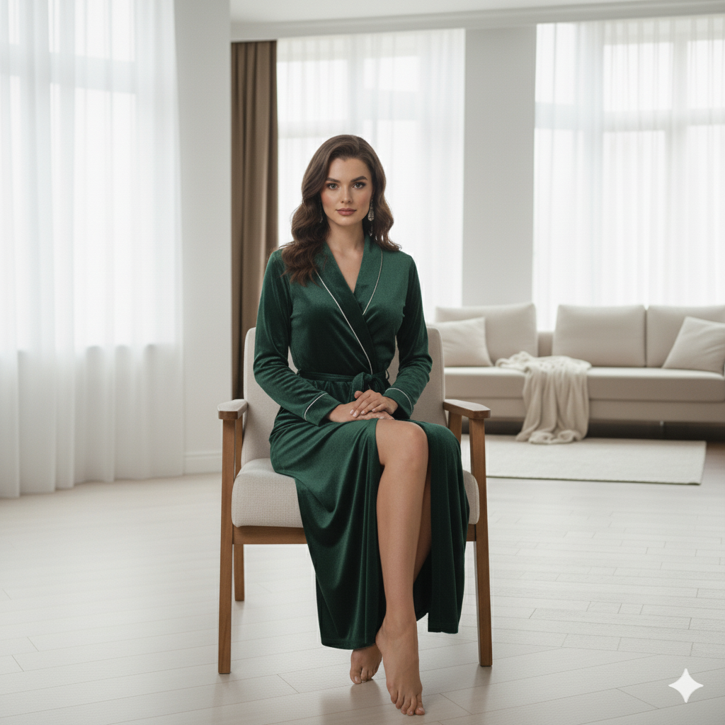 Dark Green Velvet Night Robe for Women | Luxury Long Wrap Robe | Custom Size Velvet Lounge Wear