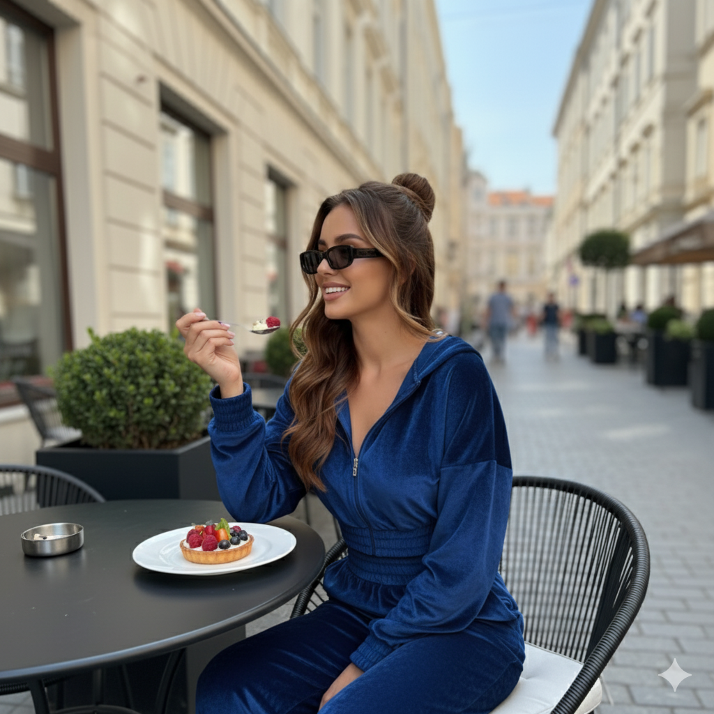 Royal Blue Velvet Co-Ord Set for Women – Cropped Zip Hoodie & High-Waist Pants