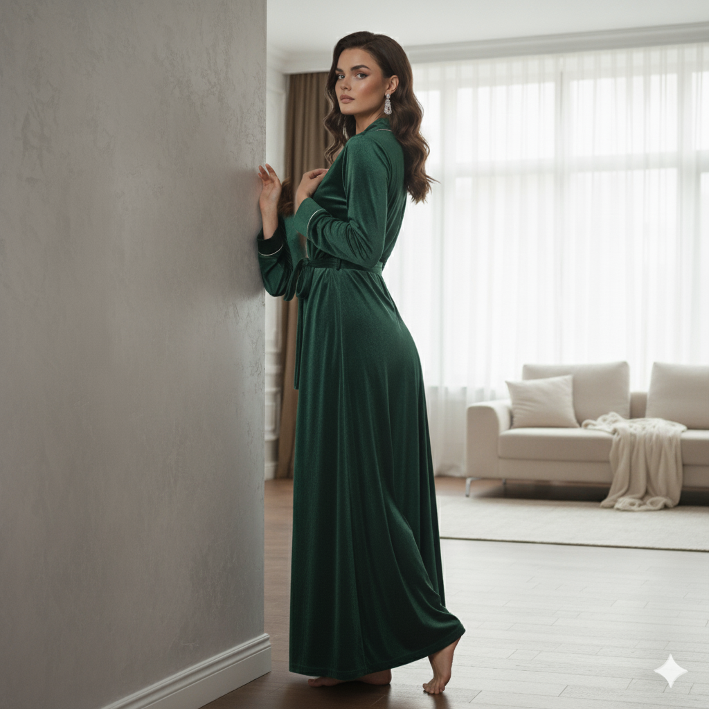 Dark Green Velvet Night Robe for Women | Luxury Long Wrap Robe | Custom Size Velvet Lounge Wear